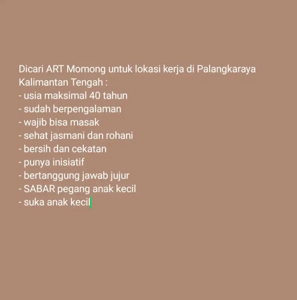 DICARI ART MOMONG  BUAT DI PALANGKARYA