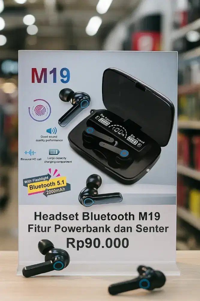 Headset Bluetooth TWS M19 V5.1 Multifungsi Powerbank dan Senter