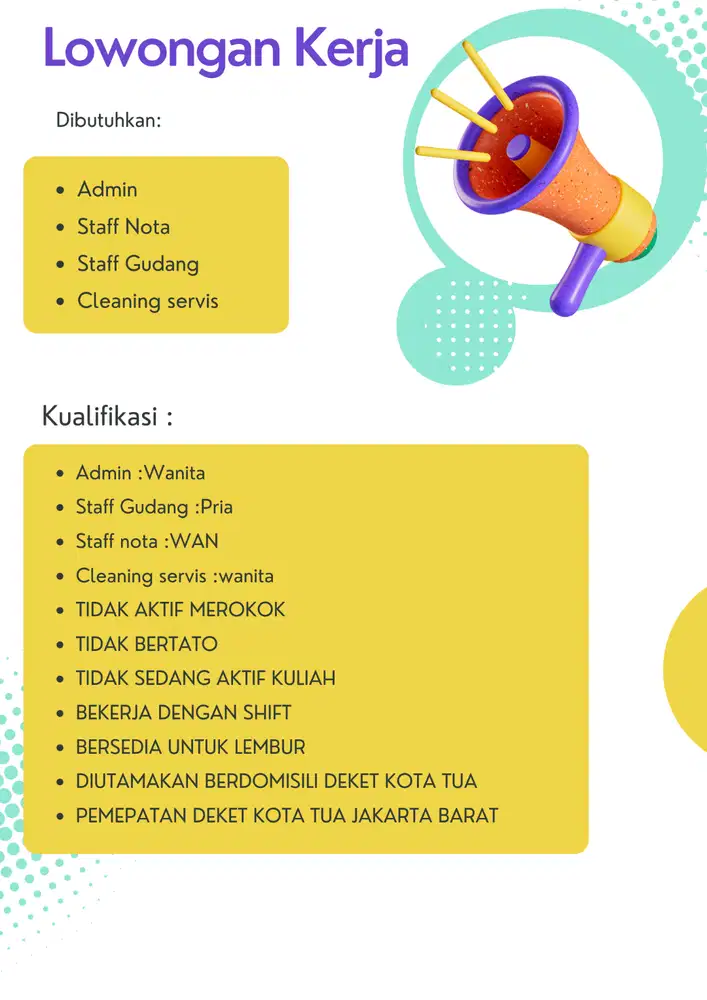 dibuka lowongan posisi admin,staff nota dan staff gudang