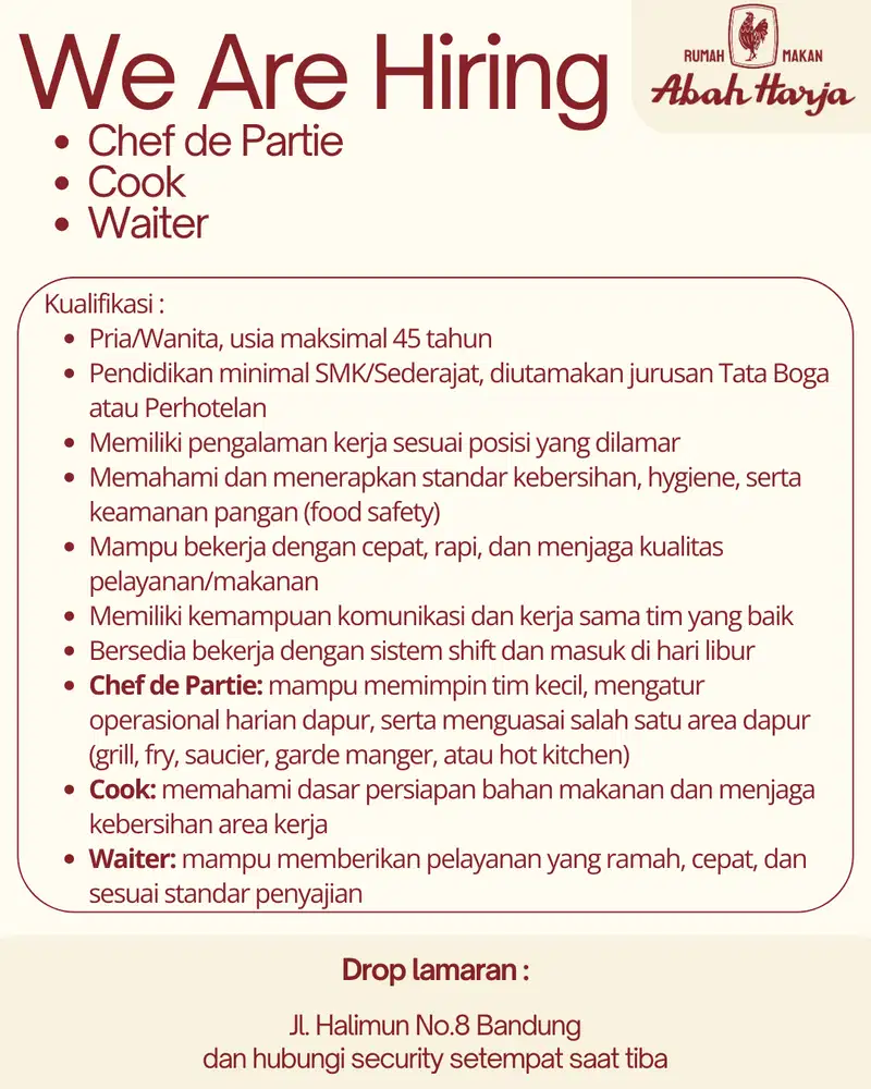 LOWONGAN KERJA BAGIAN CDP, COOK, WAITER