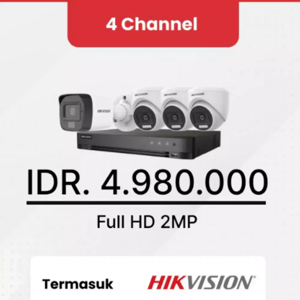 Promo Paket CCTV 4 Channel Hikvision 2MP, Paket CCTV 4 Kamera Full HD