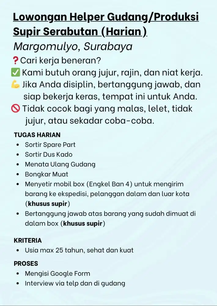 Lowongan Helper Gudang/Produksi Supir Serabutan (Harian).