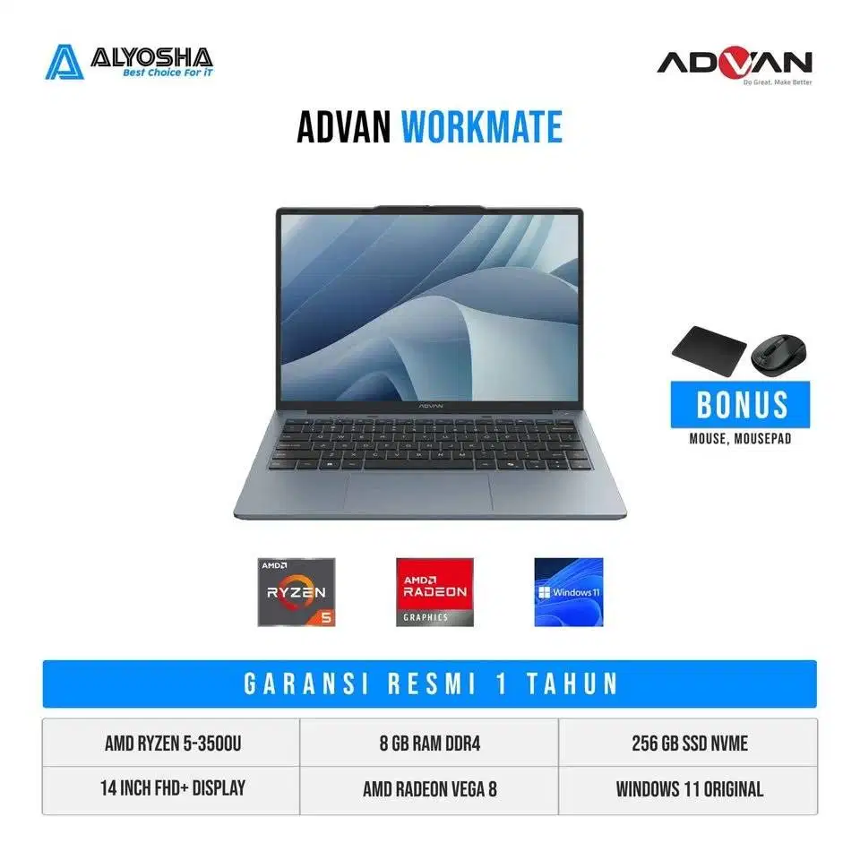 Advan Workmate Ryzen 5 3500U 8GB SSD 256GB 14″ W11
