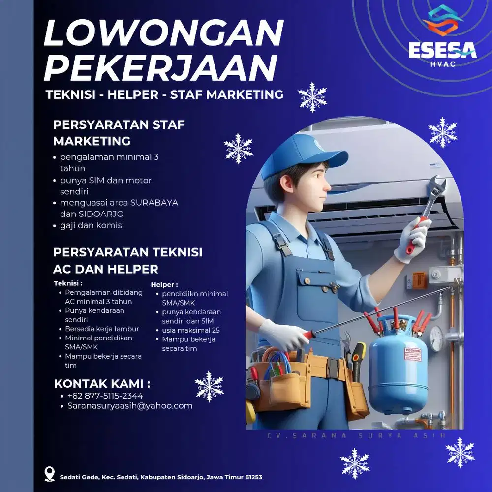 DICARI STAF MARKETING, TEKNISI AC BERPENGALAMAN DAN HELPER