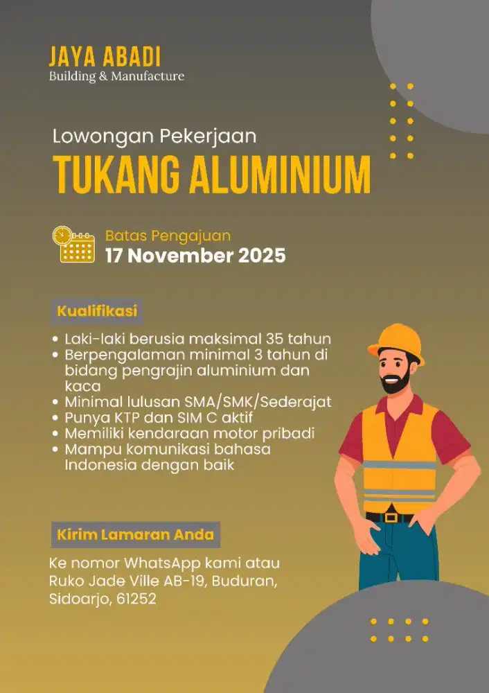 DIBUTUHKAN SEGERA TUKANG ALUMINIUM