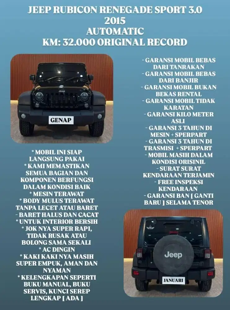 [ 3 YEAR WARRANTY ] JEEP WRANGLER RENEGADE SPORT 3.0 AT 2015