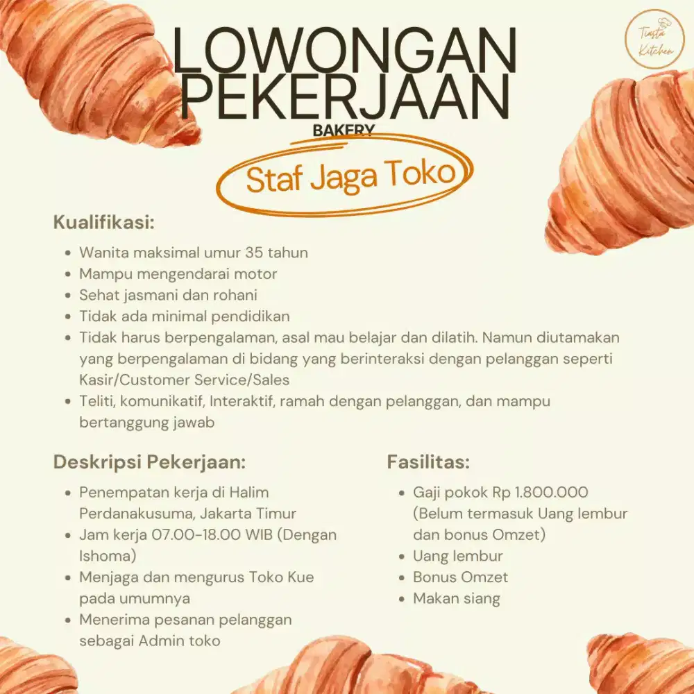 Lowongan Staf Produksi/Jaga Bakery