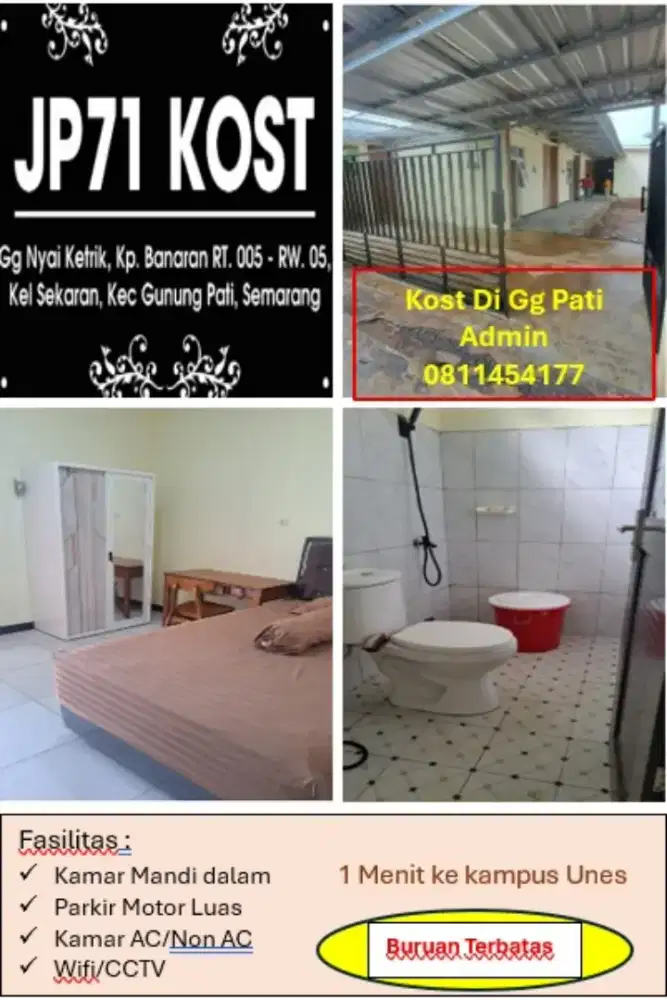 Kos pria terbaik di gunung pati semarang 1 menit ke kampus Unes