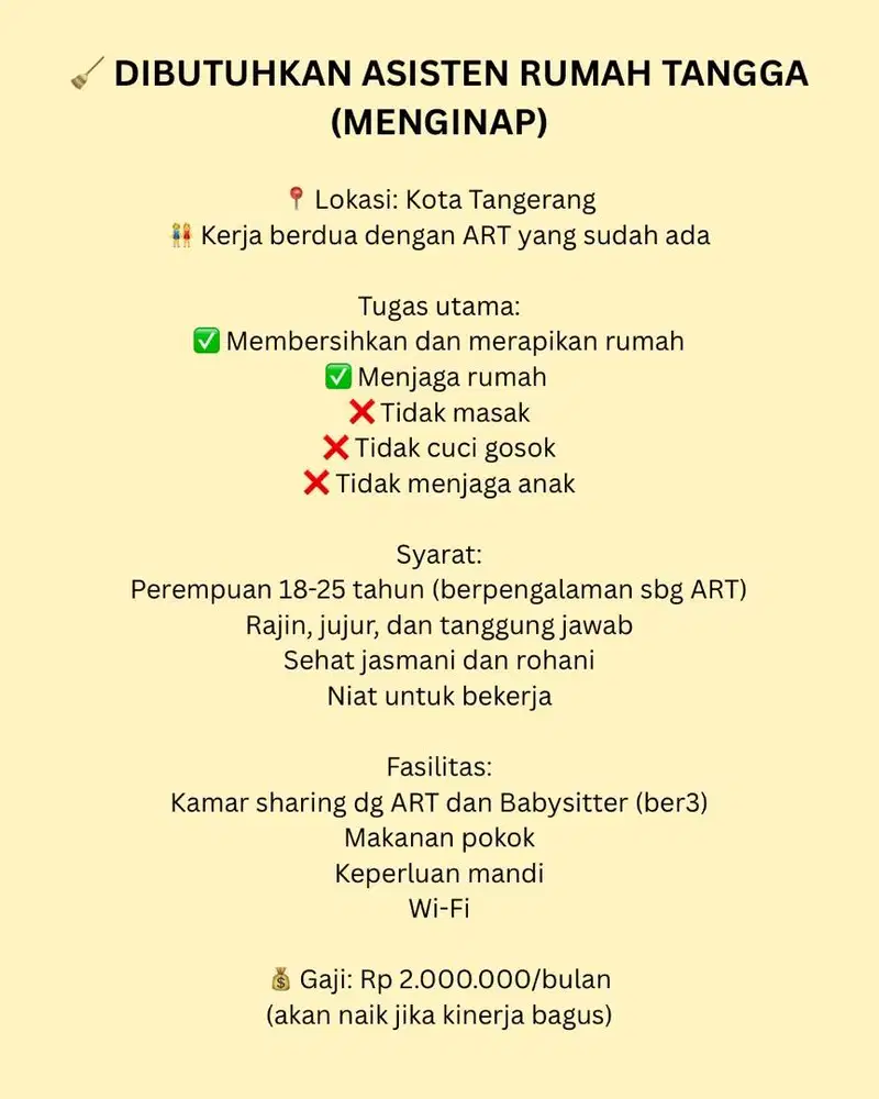 Dibutuhkan ART Menginap