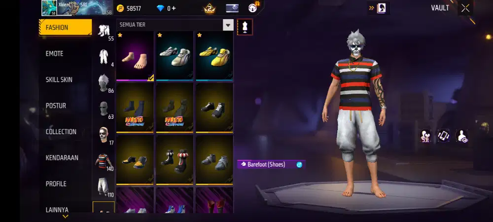 Jual akun ff spek sepatu letda murah SG mamba