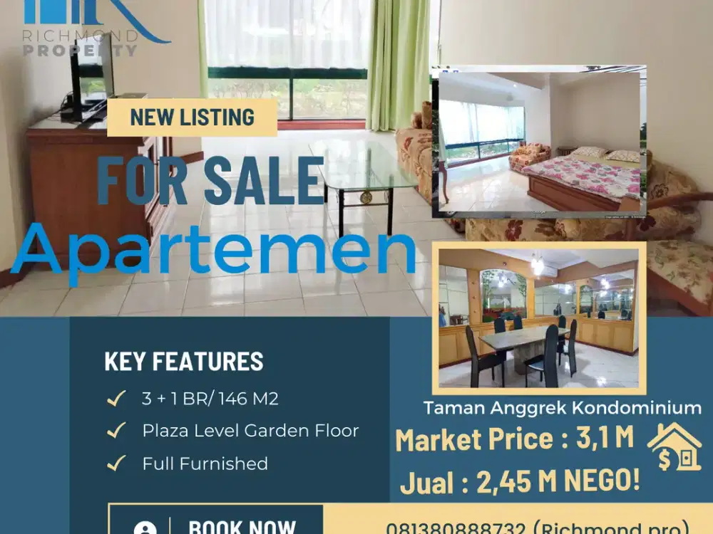 Jual Taman Anggrek 3 BR 146 m2 Lantai Dasar depan kolam renang!