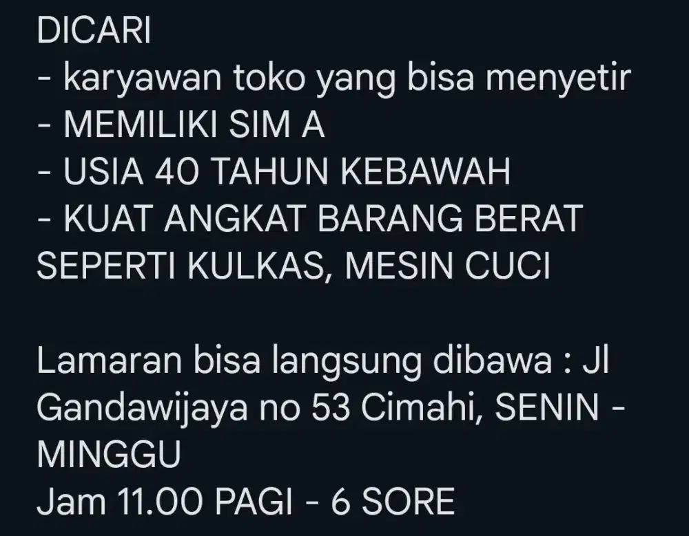 DICARI KARYAWAN TOKO YANG BISA NYETIR