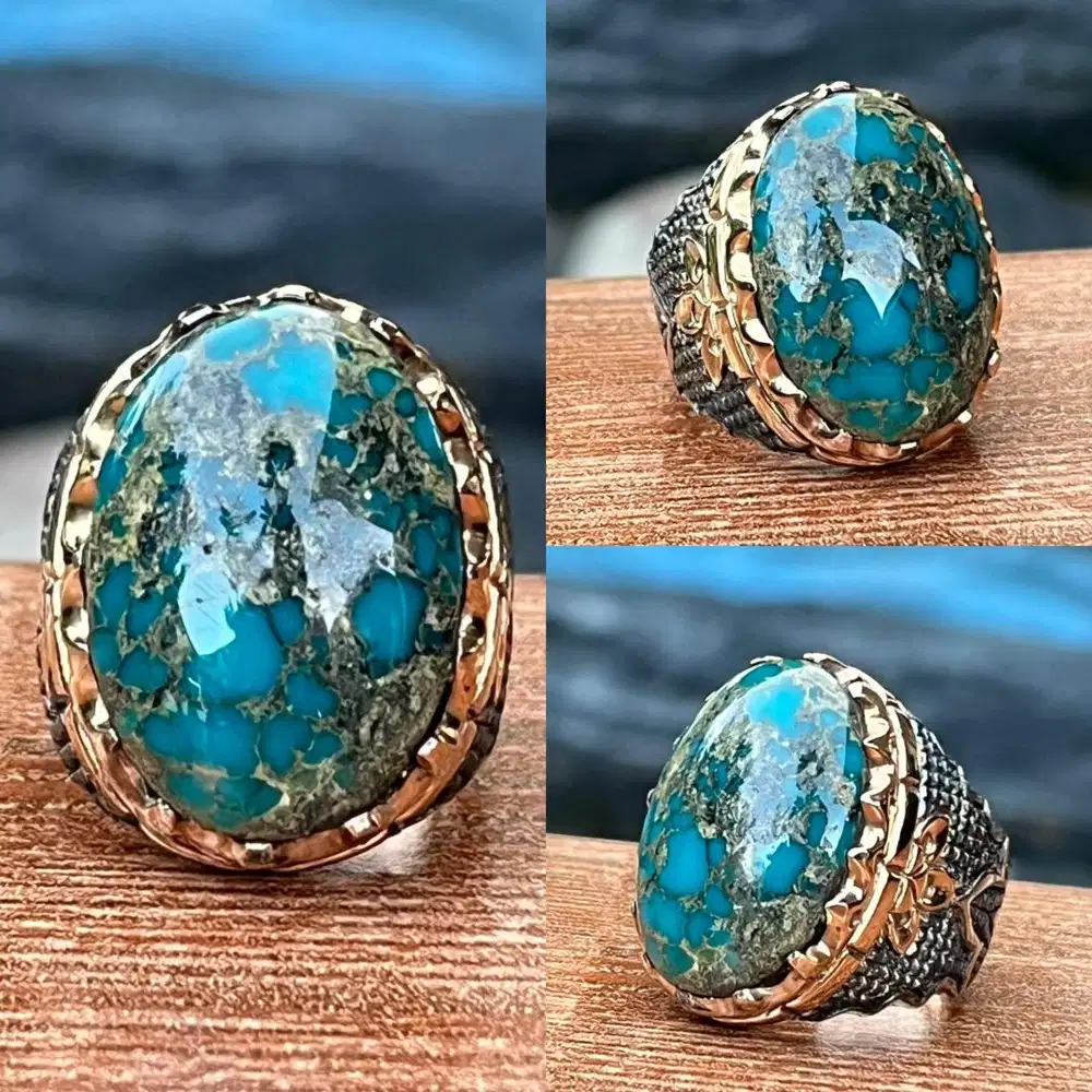Cincin Natural Pirus Phyrus Turquoise Serat Emas