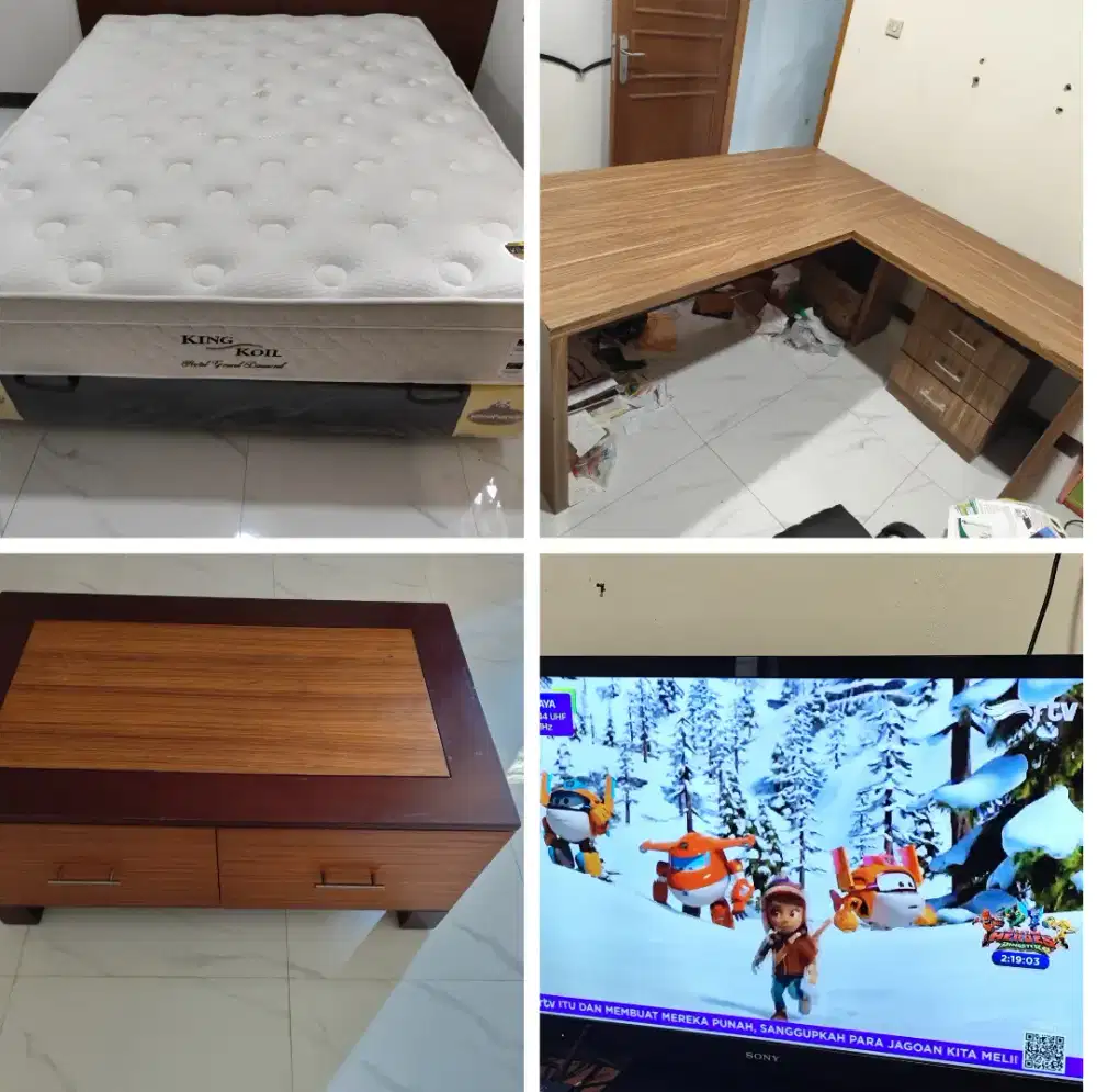 Kasur King Koil160x200+dipan javapanda+meja kerja bentuk L.+lemari TV