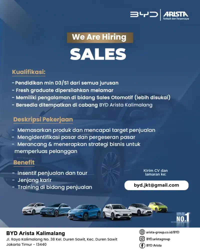 Dibutuhkan Brand Consultant Arista BYD Kalimalang