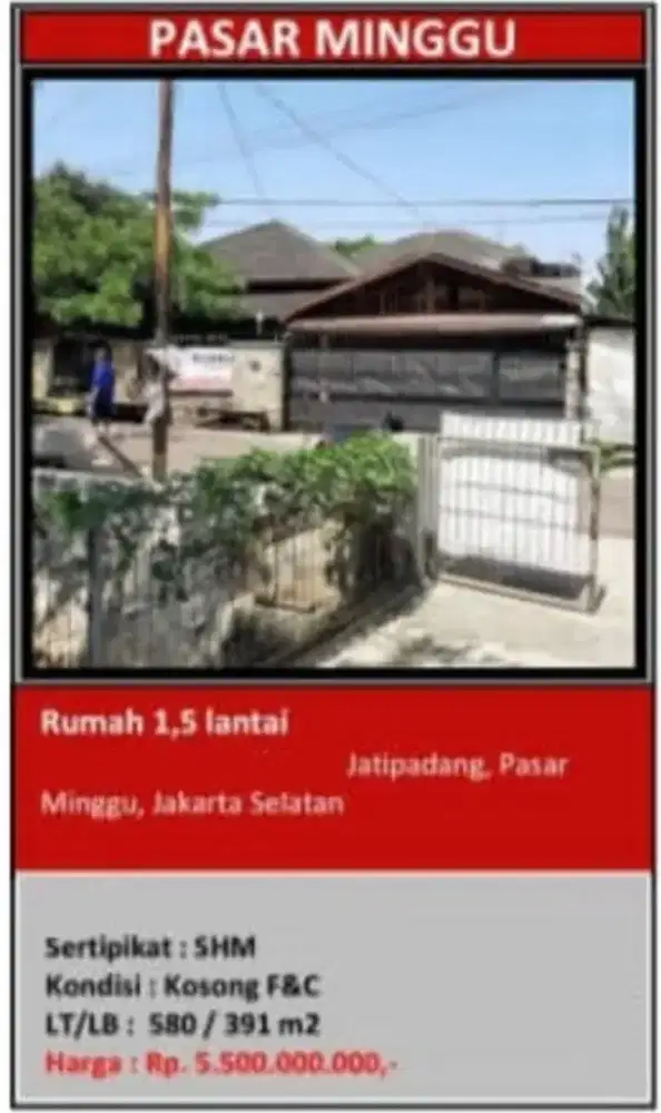 Dijual Rumah Tua Hitung Tanah Jatipadang Pasar Minggu