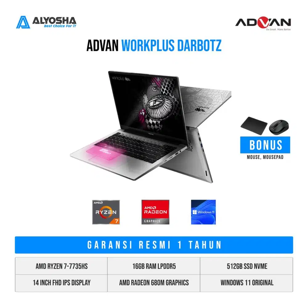 Advan x Darbotz WorkPlus Ryzen 7 7735HS 16GB SSD 512GB 14″ WUXGA W11