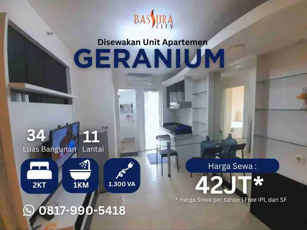 Sewa 2BR Furnished apartemen Bassura City tower Geranium lantai rendah call Maula