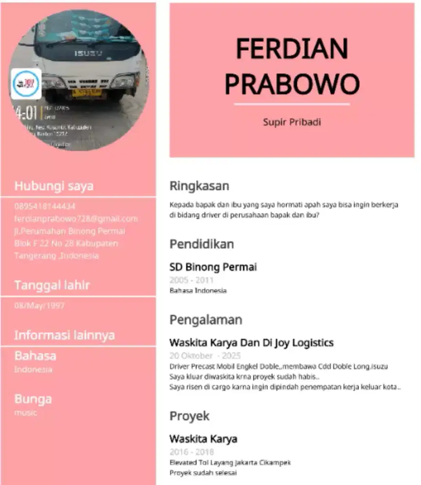 Info loker supir box dong bapak dan ibu