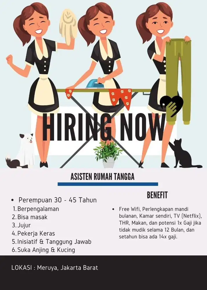 Dicari ART Perempuan Menginap – Bisa Masak & Suka Hewan