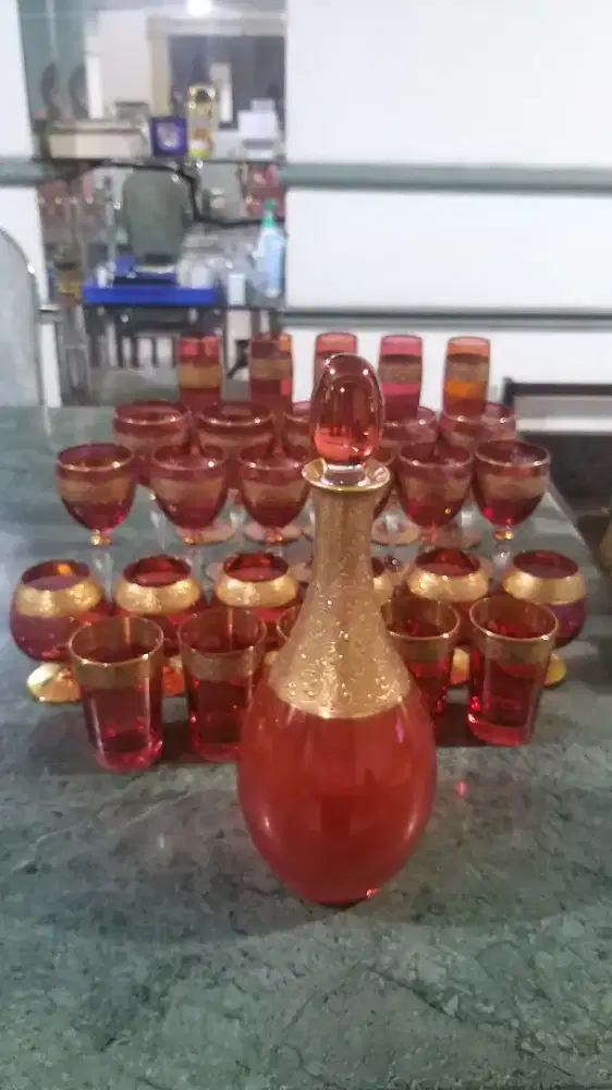 VINTAGE BOHEMIAN GOLD OVER RUBY DECANTER SET