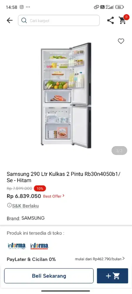 KULKAS SAMSUNG 2 PINTU RB30N4050B1/SE 290LTR