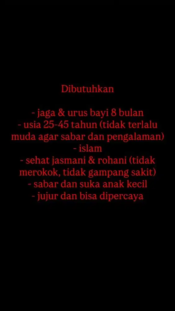 Dibutuhkan pengasuh bayi dan beberes nginep