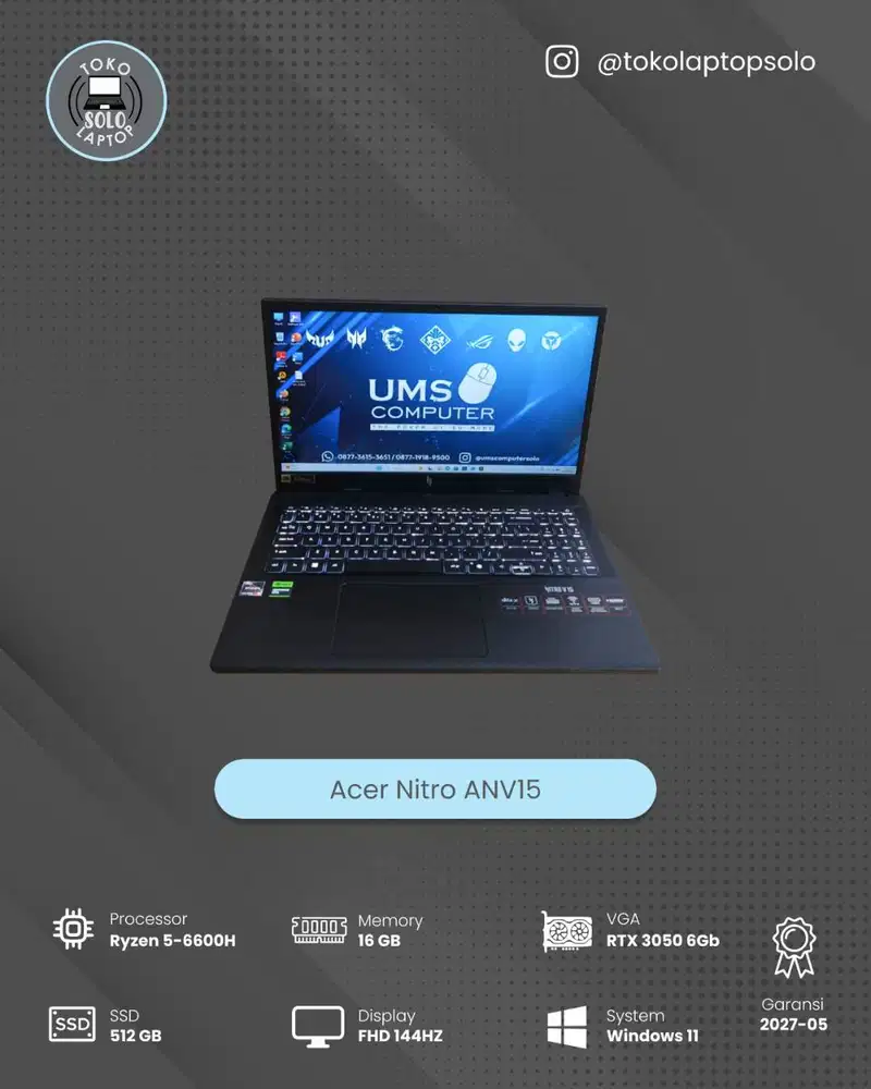 ACER NITRO ANV15 AMD RYZEN 5 6600H Ram 16GB SSD 512GB RTX3050