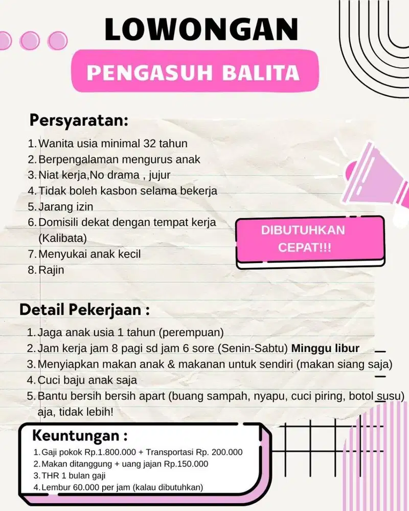 DI BUTUHKAN SEGERA PENGASUH ANAK PULANG PERGI