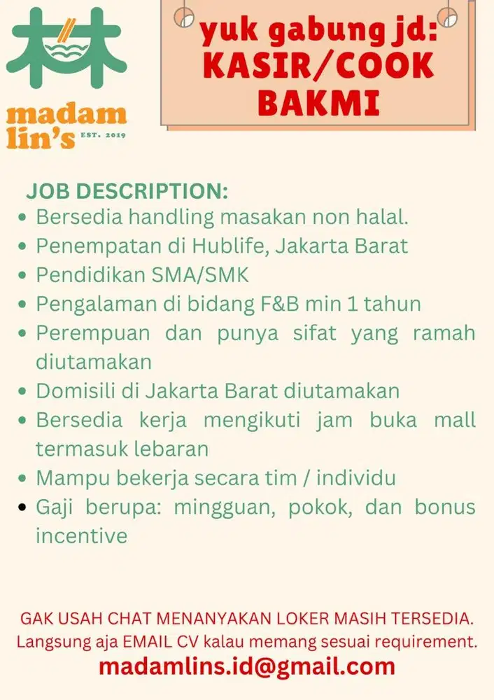 KASIR DAN COOK BAKMI NON HALAL