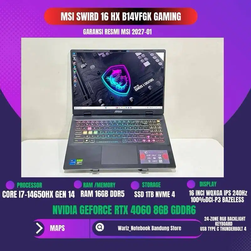 MSI SWORD 16 HX B14VFGK CORE I7-14650HX NVIDIA RTX 4060 RAM 16GB DDR5