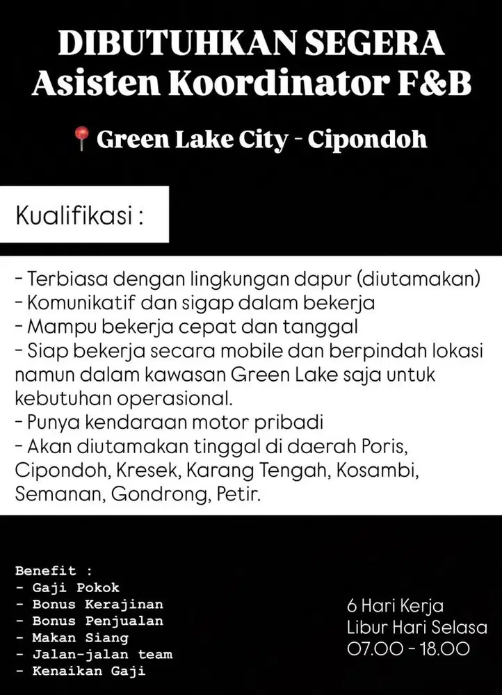 Lowongan Green Lake City F&B