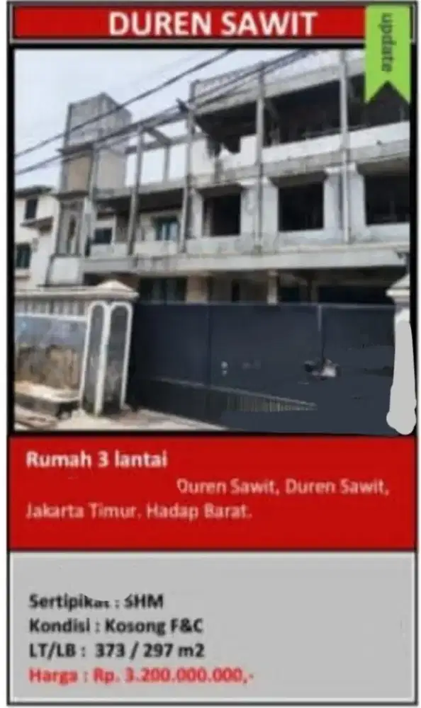 Dijual Rumah 3 Lantai Duren Sawit