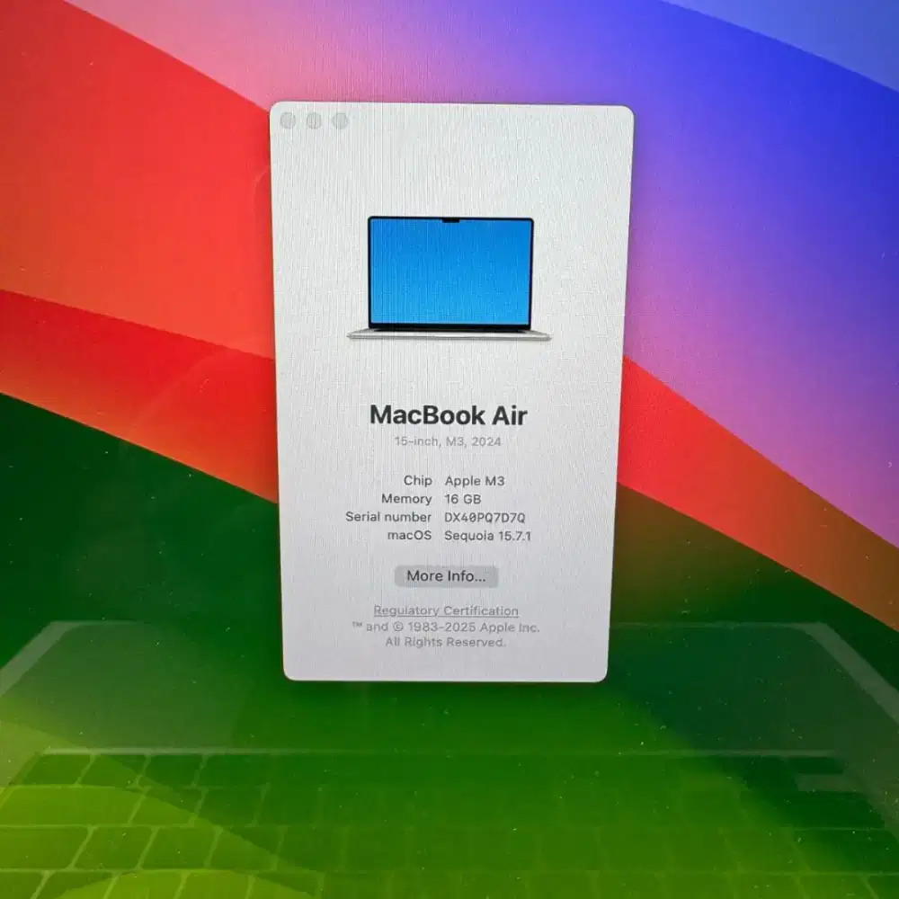 Macbook Air M3 layar 15 Inch Ram 16 Ssd 256 lengkap full set Starligh