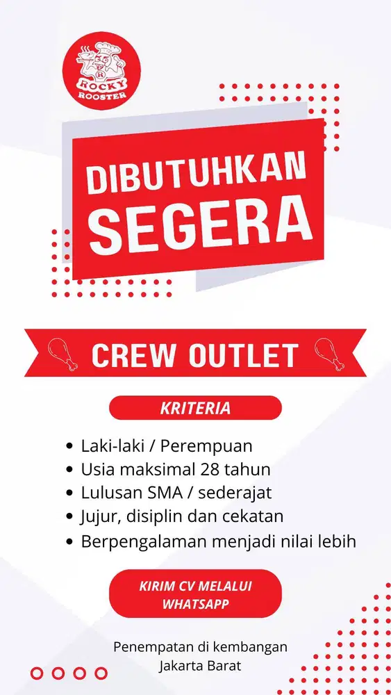 Dibutuhkan Segera - Crew Outlet Rocky Rooster Kembangan Jakarta Barat