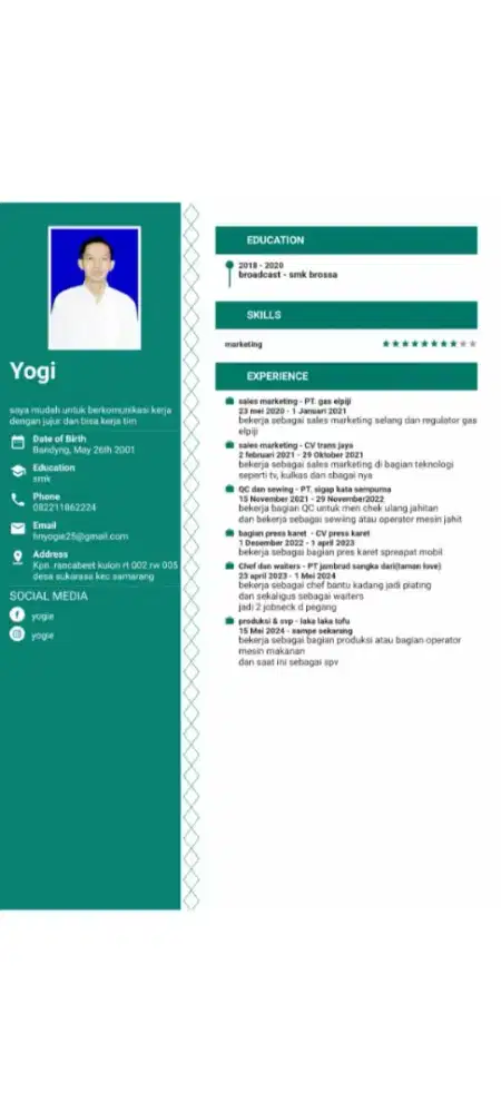 Manawi Aya damelan kangge yuswa 24 lulusan smk