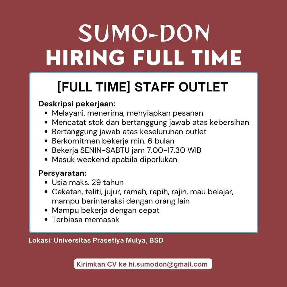 [LOWONGAN] STAFF OUTLET SUMO DON