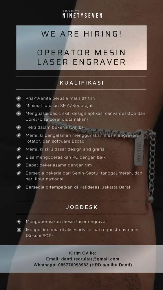 DIBUTUHKAN OPERATOR MESIN LASER ENGRAVER PENEMPATAN KALIDERES, JAKBAR