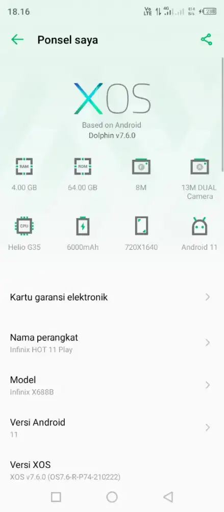 Hp infinix hot 11 play 4/64 tt bt