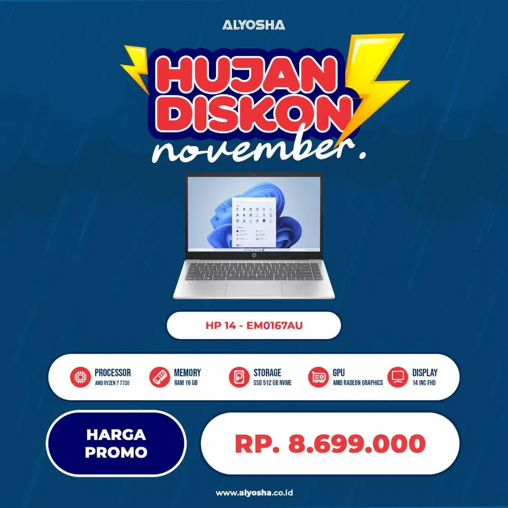 Promo laptop HP 14 EM0167 Ryzen 7 7730U 16GB SSD 512GB 14″ FHD W11+OHS