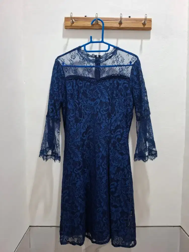 Dress Pesta Biru Tua ada Lace Brokat, MURAH