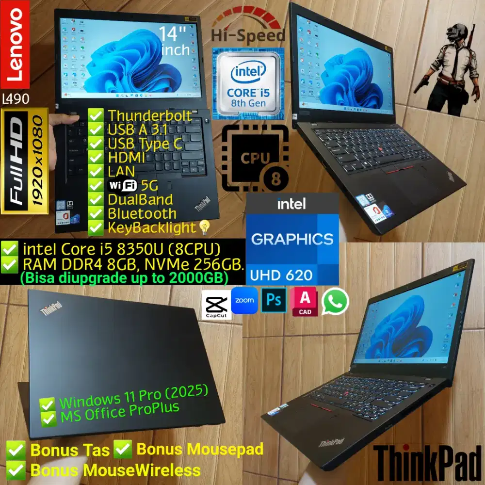 Laptop Thinkpad Core i5 8CPU RAM 8GB NVMe 256GB Lenovo L490