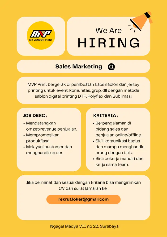 LOKER Sales Marketing Sablon kaos & Jersey Printing Surabaya Timur