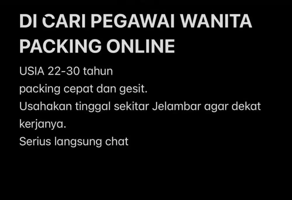 URGENT DI CARI TUKANG PACKING ONLINE - WANITA