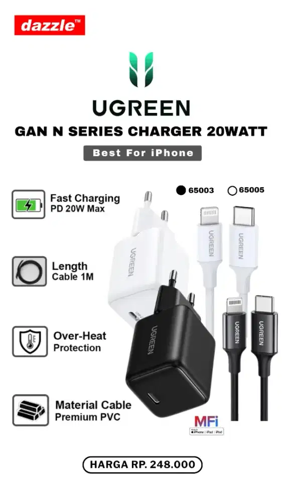 UGREEN GAN N-SERIES SET LIGHTNING 20W CHARGER (65003, 65005)