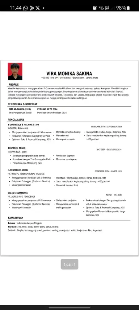 cari loker admin e commerce