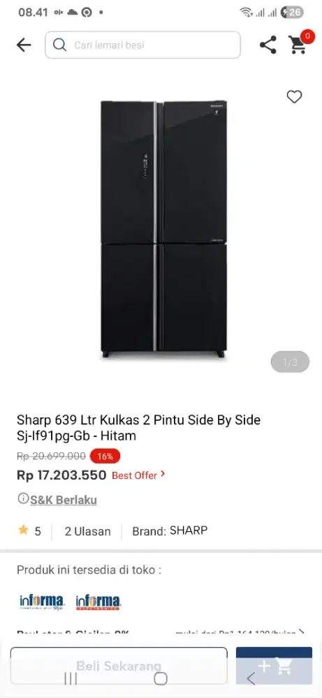 Sharp 639 ltr kulkas 2 pintu IF91pg
