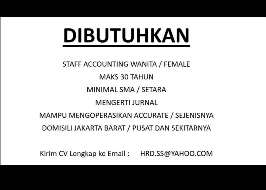 DIbutuhkan Accounting Female / Akunting Wanita