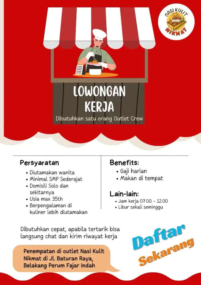 Dibutuhkan 1 orang karyawan di Online Kitchen area BATURAN