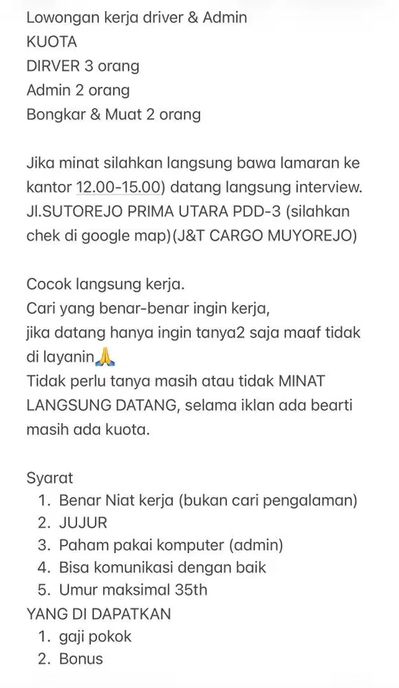 LOWONGAN KERJA DRIVER & ADMIN